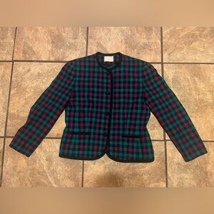 VTG 1970s Pendleton wool plaid jacket black teal and magenta, size 12